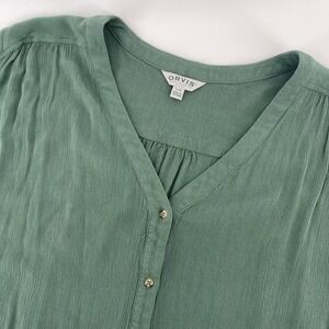 Orvis Button Down Top Short Sleeve V-Neck Textured Green Blouse‎ Large
